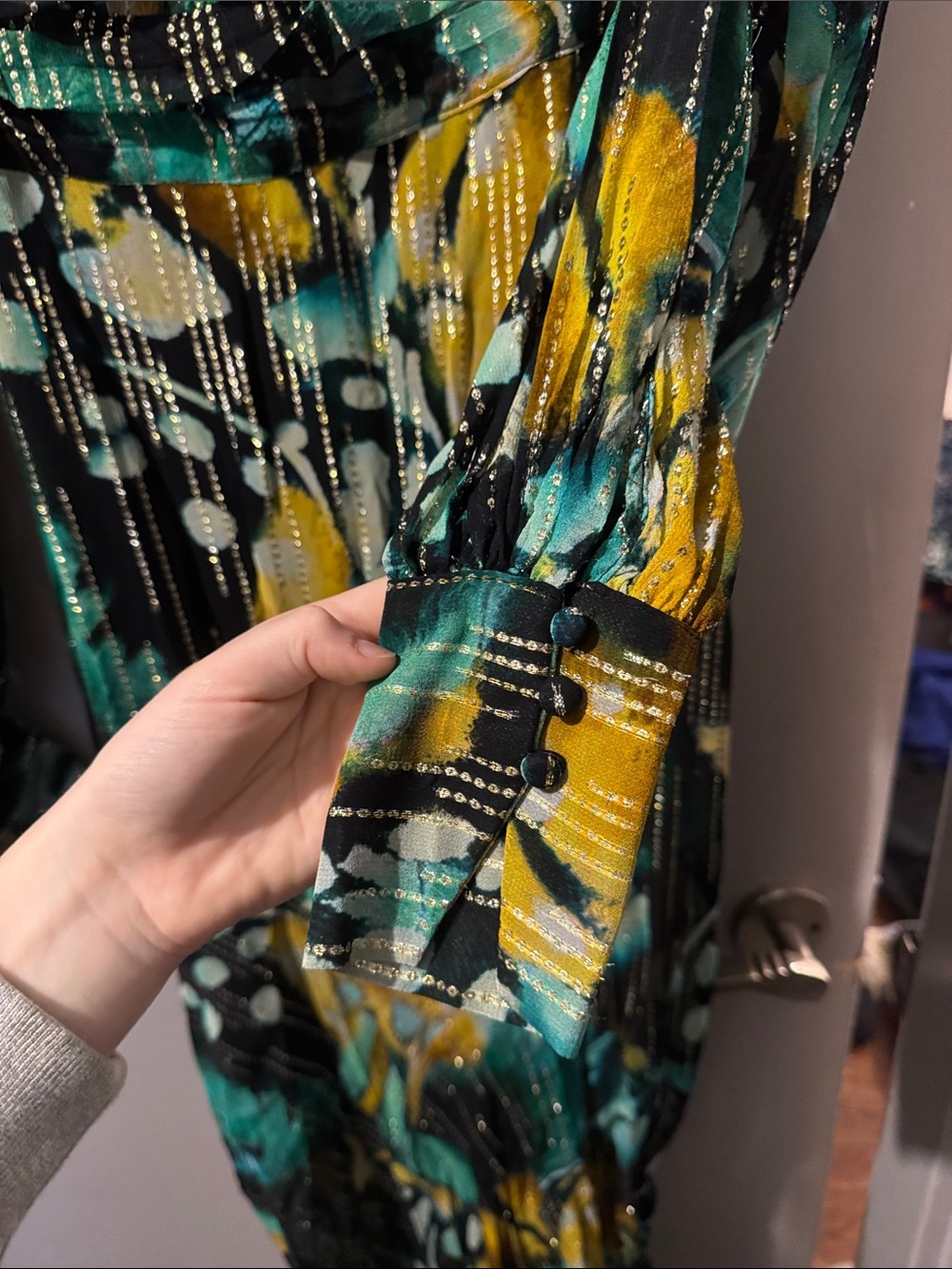 Karen Millen Teal, Black & Gold Abstract Print Long Sleeve Maxi Dress - Picture 4 of 5